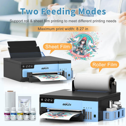 EXPLUX A4 DTF Printer with XP600 Anti-Clogging Printhead, 200% High-Speed Printing, Built-in White Stirring System for DIY T-Shirts & All Textiles, 2-Year Ink Included (A4, Printer+Oven).