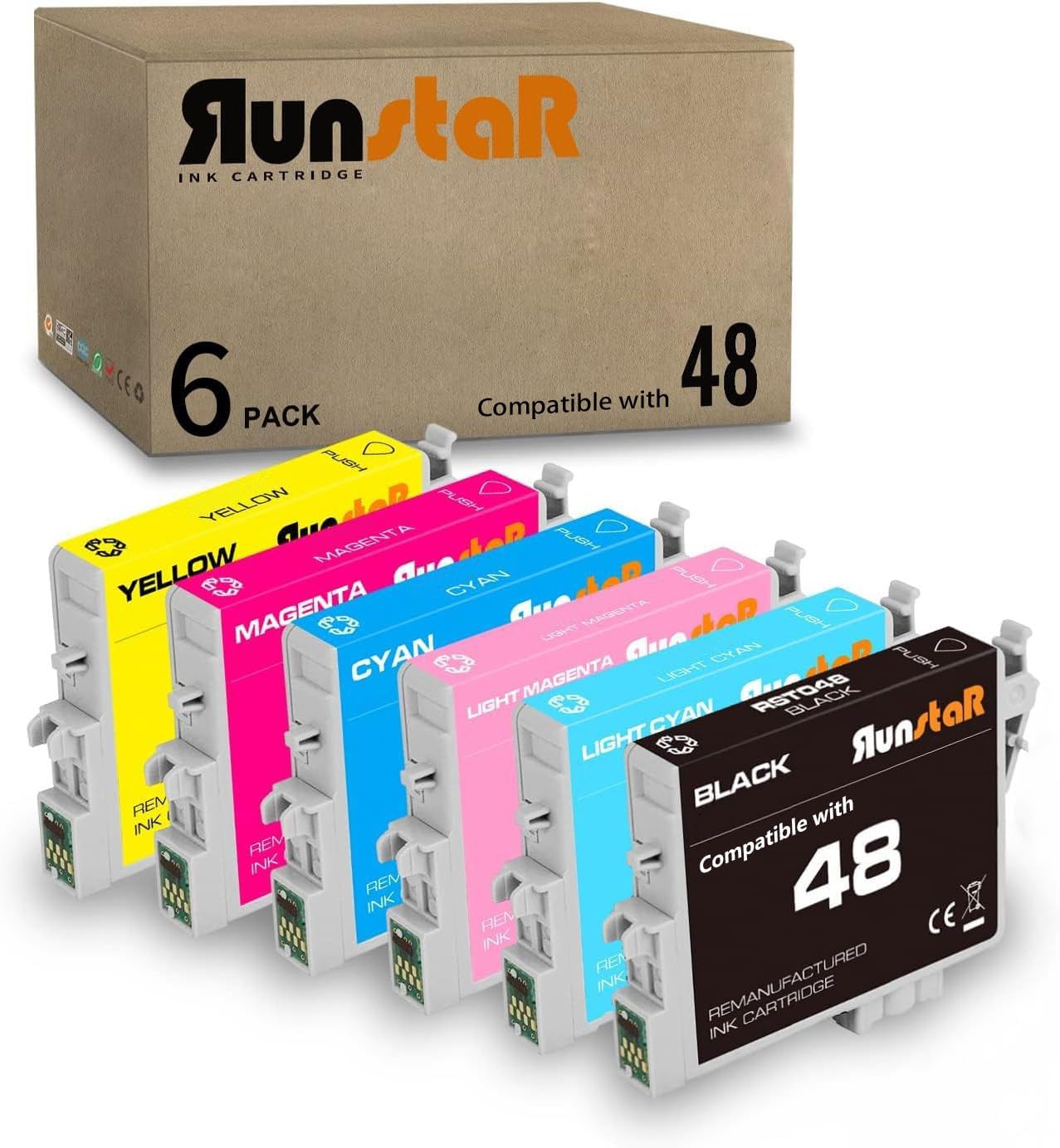 Run Star 6 Pack Remanufactured for T048 Ink Cartridge Replacement for Epson 48 T048 use for Epson Stylus Photo R200 R220 R300 R300M R320 R340 RX500 RX600 RX620 Printer (BK/C/M/Y/LC/LM).