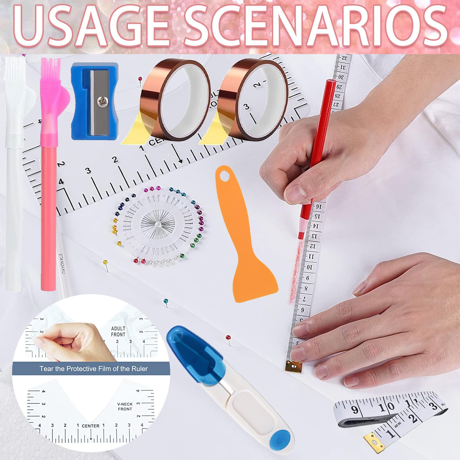 XEUZK Sublimation Shirts Tool Kits with 8 T Shirt rulers, 3Pack Teflon Sheet for Heat Press 12 x 16in, Heat Resistant Gloves with Silicone Bumps, 2 Rolls Heat Resistant Tape, 2Pcs Sublimation Pencil.