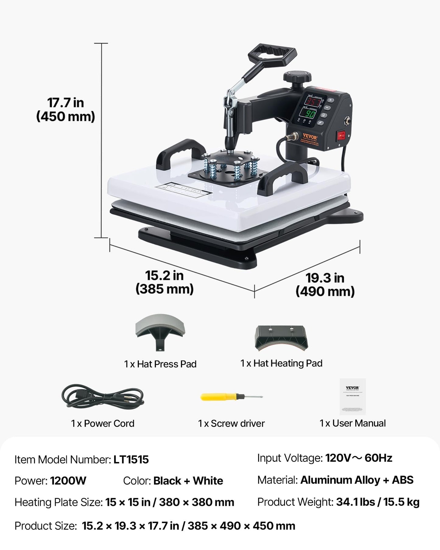 VEVOR Heat Press Machine, 15 x 15 in, 2-in-1 Multifunction, 360° Swing Away, 1200W Double Tube Fast and Even Heating, Digital Precise Control, Sublimation Press Machine for T-Shirts, Hats, Caps.