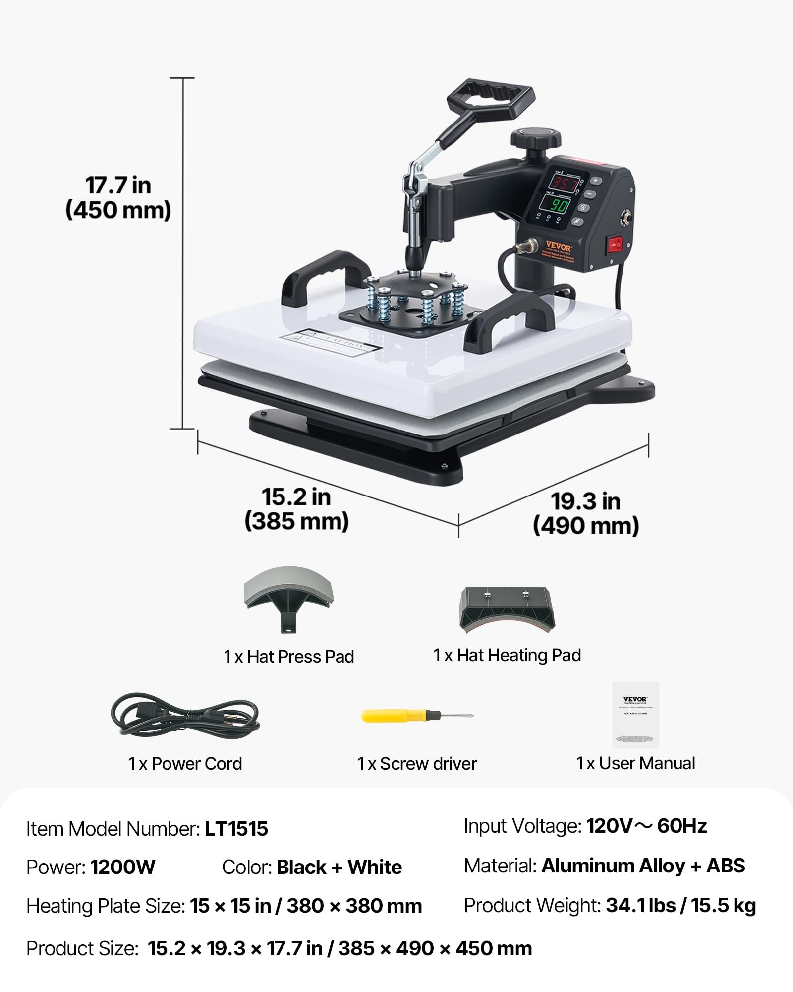 VEVOR Heat Press Machine, 15 x 15 in, 2-in-1 Multifunction, 360° Swing Away, 1200W Double Tube Fast and Even Heating, Digital Precise Control, Sublimation Press Machine for T-Shirts, Hats, Caps.