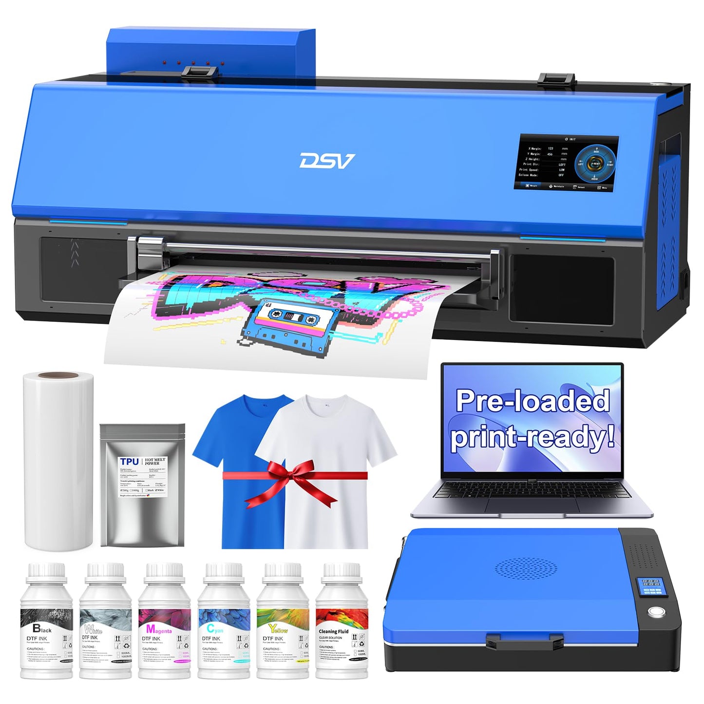 DSV A3 XP600 DTF Printer with Shaker & Air Purifier, 2X Faster Than L1800, 4.5" LED Touch Screen, White Ink Circulation & Auto-Cleaning, 24/7 Auto-Maintenance, 2-Year Free Ink for T-Shirt Printing.