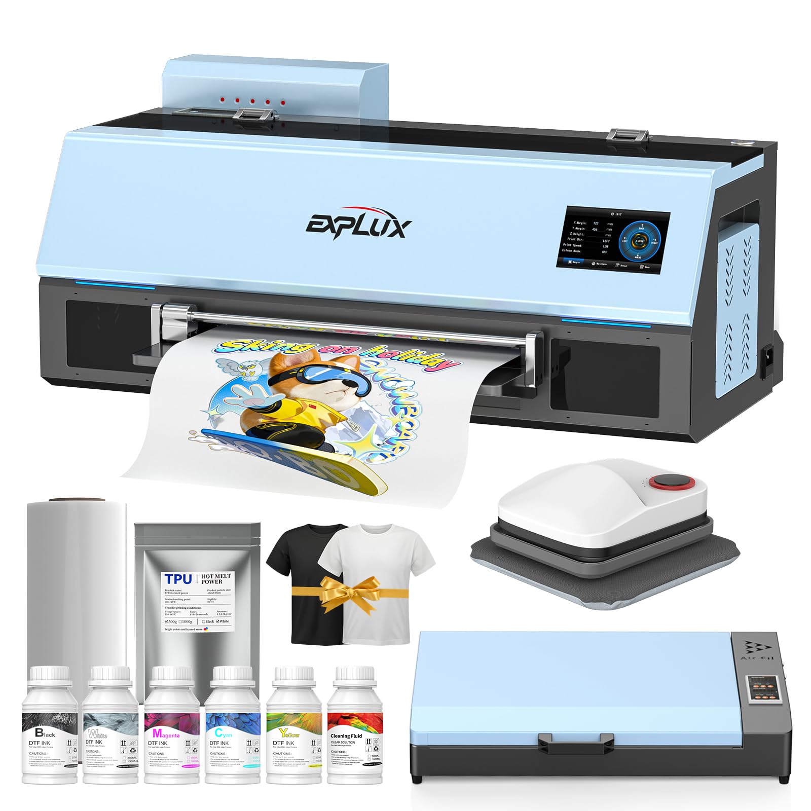 EXPLUX A4 DTF Printer with XP600 Anti-Clogging Printhead, 200% High-Speed Printing, Built-in White Stirring System for DIY T-Shirts & All Textiles, 2-Year Ink Included (A4, Printer+Oven).