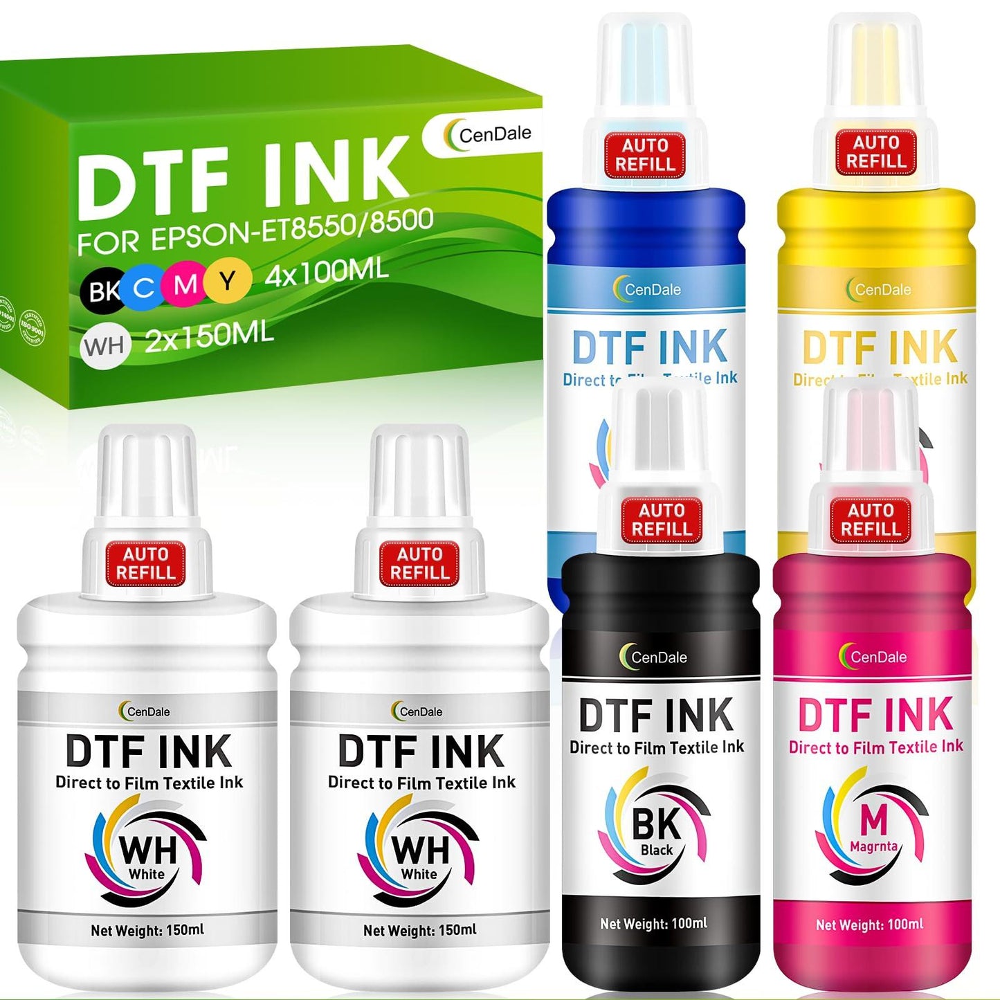 CenDale Upgraded Auto-Fill DTF Ink - 700ML DTF Transfer Ink for Epson ET-8550 ET-8500 Printers, Heat Transfer Printing Set 100ml x 4 CMYK, 150 x 2 White (Anti-UV/ICC-Free).