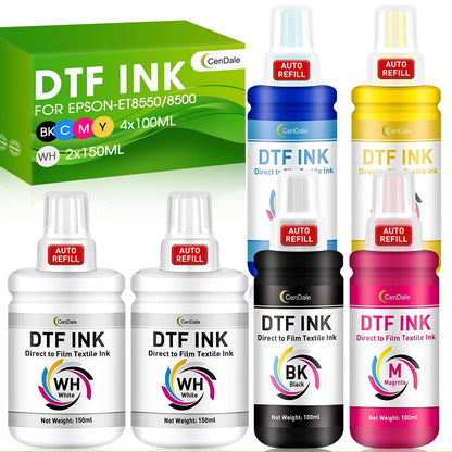 CenDale Upgraded Auto-Fill DTF Ink - 700ML DTF Transfer Ink for Epson ET-8550 ET-8500 Printers, Heat Transfer Printing Set 100ml x 4 CMYK, 150 x 2 White (Anti-UV/ICC-Free).