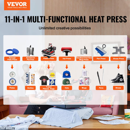 VEVOR 2 in 1 Heat Press Machine for T Shirts and Hats, 15x15 Inch Professional Swing Away Digital Tshirt Press Machine for Sublimation, Vinyl, Heat Transfer Projects.
