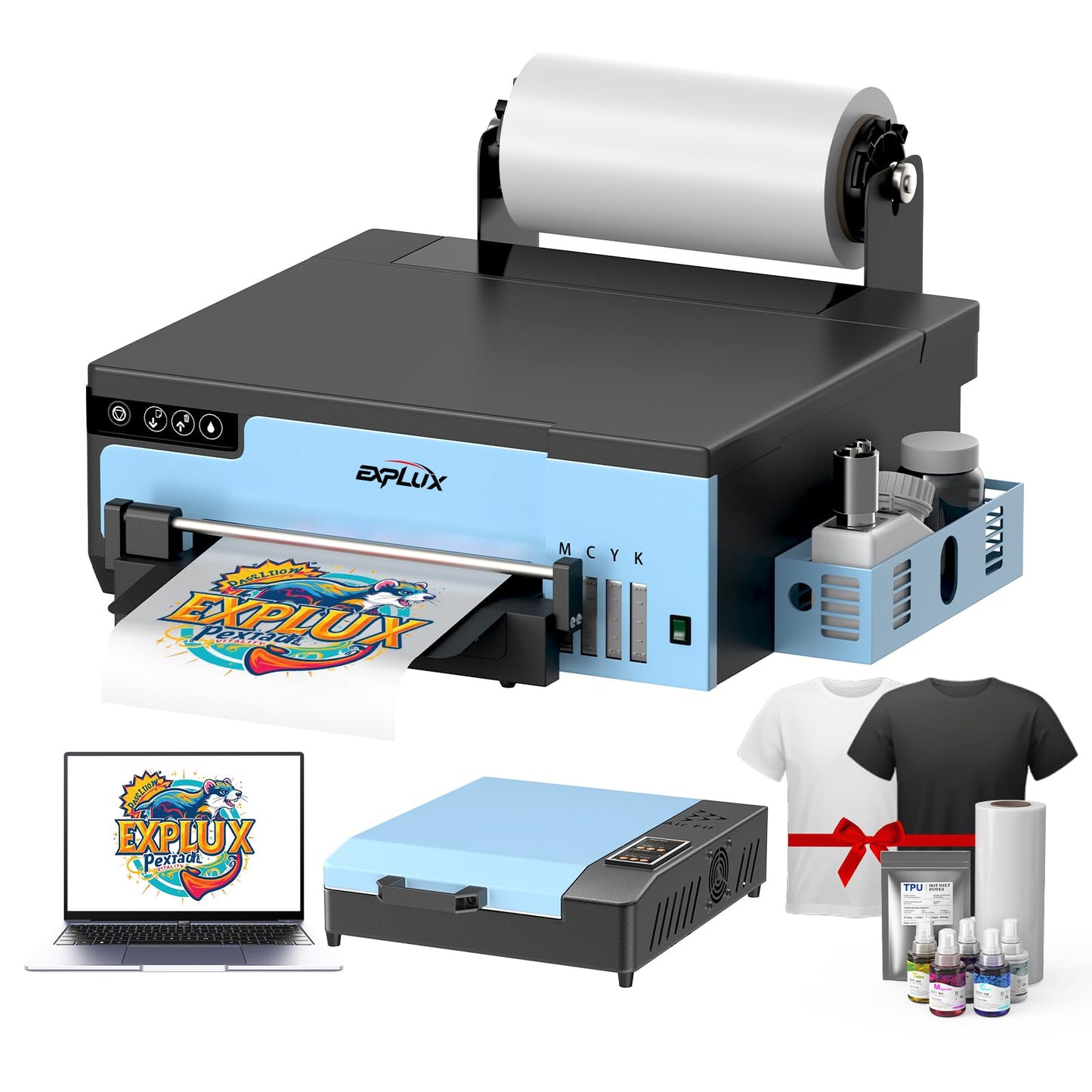 EXPLUX A4 DTF Printer with XP600 Anti-Clogging Printhead, 200% High-Speed Printing, Built-in White Stirring System for DIY T-Shirts & All Textiles, 2-Year Ink Included (A4, Printer+Oven).