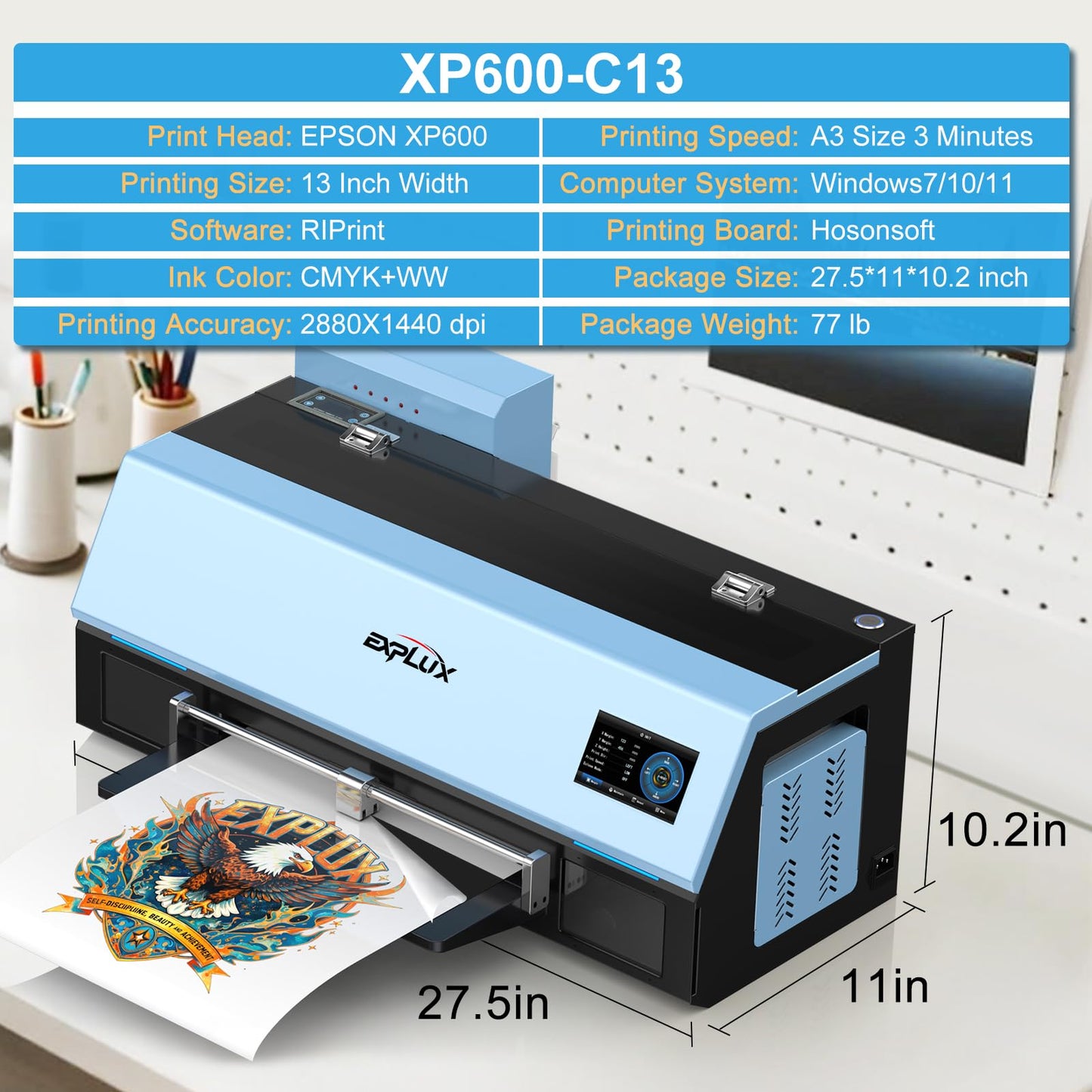 EXPLUX A4 DTF Printer with XP600 Anti-Clogging Printhead, 200% High-Speed Printing, Built-in White Stirring System for DIY T-Shirts & All Textiles, 2-Year Ink Included (A4, Printer+Oven).