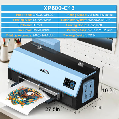 EXPLUX A4 DTF Printer with XP600 Anti-Clogging Printhead, 200% High-Speed Printing, Built-in White Stirring System for DIY T-Shirts & All Textiles, 2-Year Ink Included (A4, Printer+Oven).