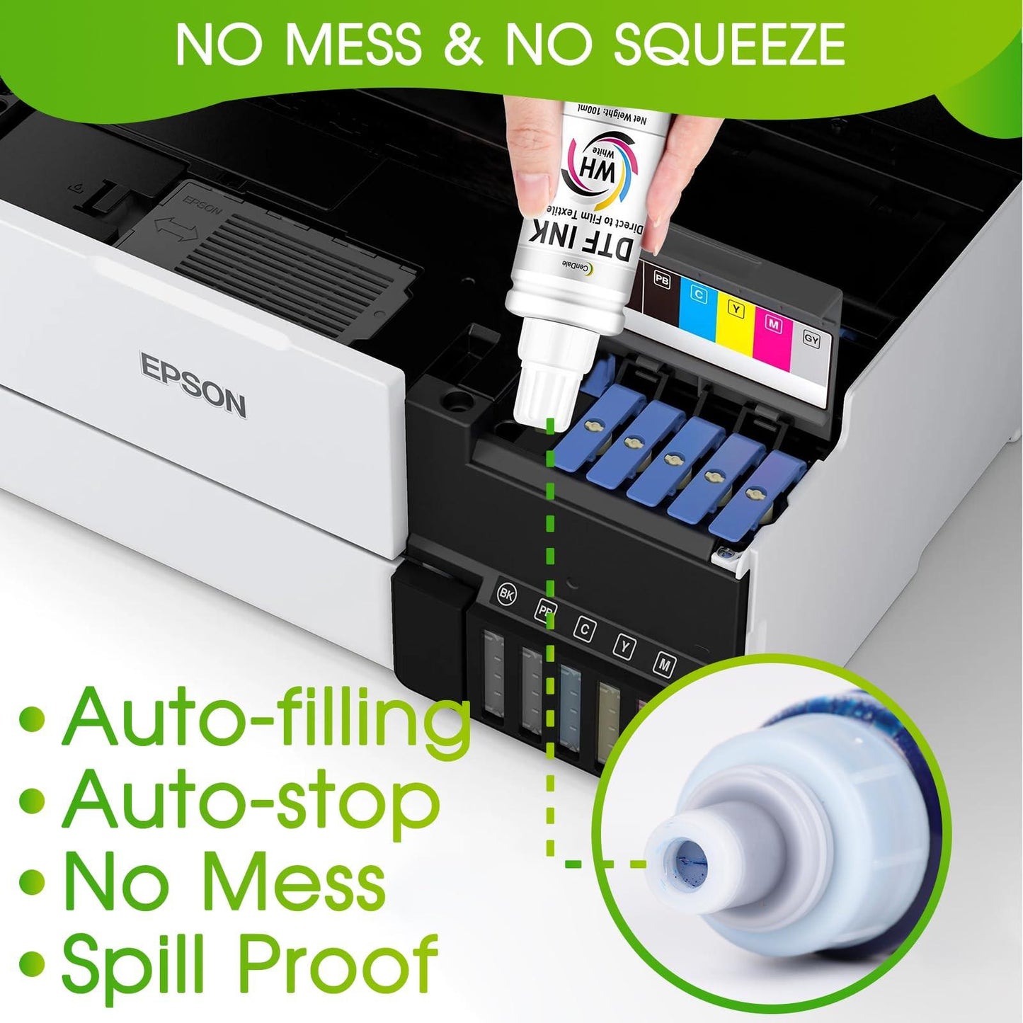CenDale Upgraded Auto-Fill DTF Ink - 700ML DTF Transfer Ink for Epson ET-8550 ET-8500 Printers, Heat Transfer Printing Set 100ml x 4 CMYK, 150 x 2 White (Anti-UV/ICC-Free).