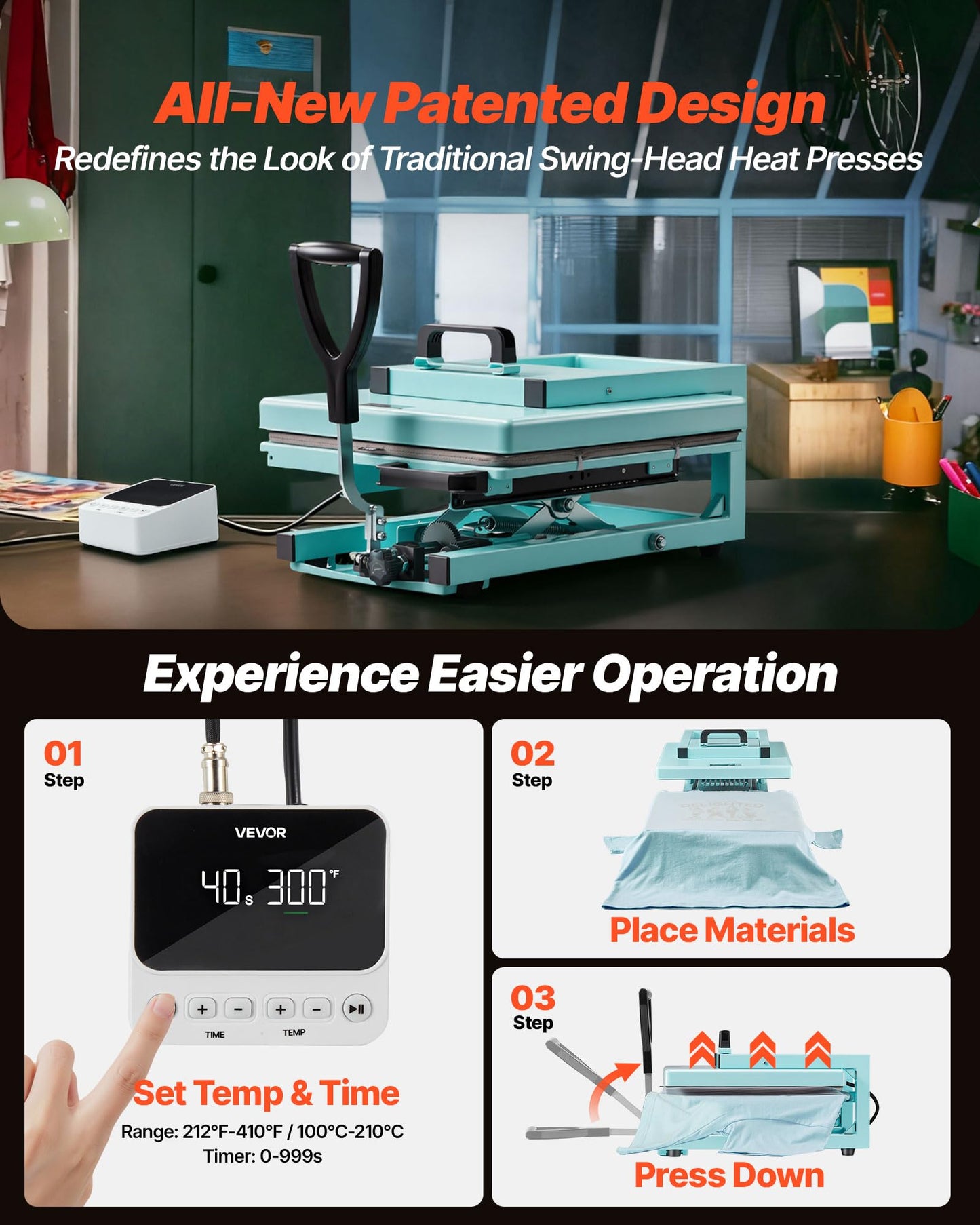 VEVOR 2 in 1 Heat Press Machine for T Shirts and Hats, 15x15 Inch Professional Swing Away Digital Tshirt Press Machine for Sublimation, Vinyl, Heat Transfer Projects.