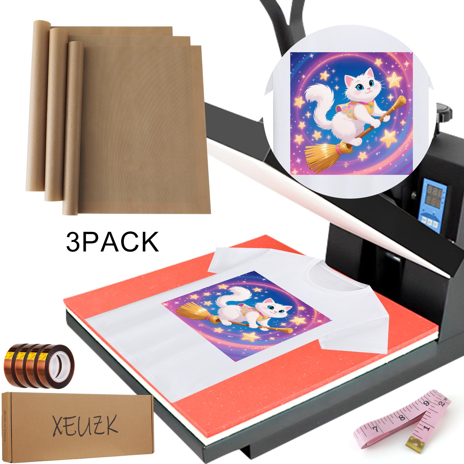 XEUZK Sublimation Shirts Tool Kits with 8 T Shirt rulers, 3Pack Teflon Sheet for Heat Press 12 x 16in, Heat Resistant Gloves with Silicone Bumps, 2 Rolls Heat Resistant Tape, 2Pcs Sublimation Pencil.