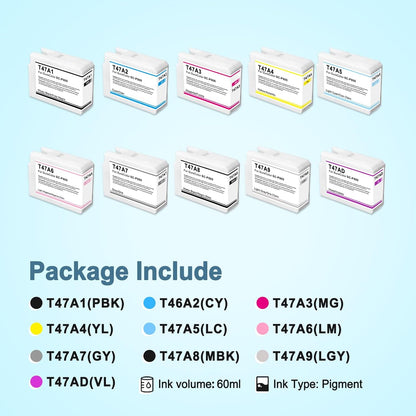 T47A Ink Cartridge Set Compatible with SureColor P700 P900 P708 P908 Printer T47A1 T47A2 T47A3 T47A4 T47A5 T47A6 T47A7 T47A8 T47A9 T47AD (10 Pack)