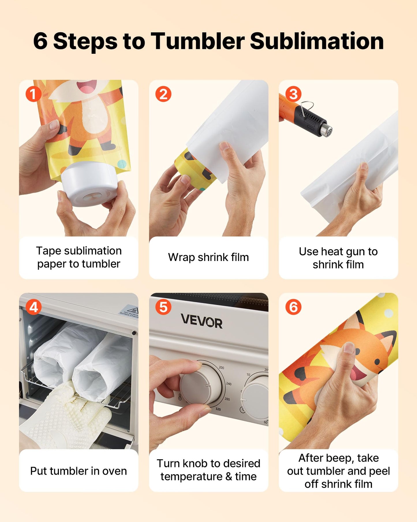 VEVOR Sublimation Oven Machine, 26 Qt, Fits 40oz Tumblers, with 1 Heat Air Gun, 50 Shrink Films, 1 Tape and 2 Heat Gloves, 360° Turbo Convection for Sublimation Blank Tumblers, Mugs, Bowls, Off-White.