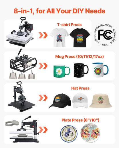 VEVOR Heat Press Machine, 15 x 15 in, 2-in-1 Multifunction, 360° Swing Away, 1200W Double Tube Fast and Even Heating, Digital Precise Control, Sublimation Press Machine for T-Shirts, Hats, Caps.