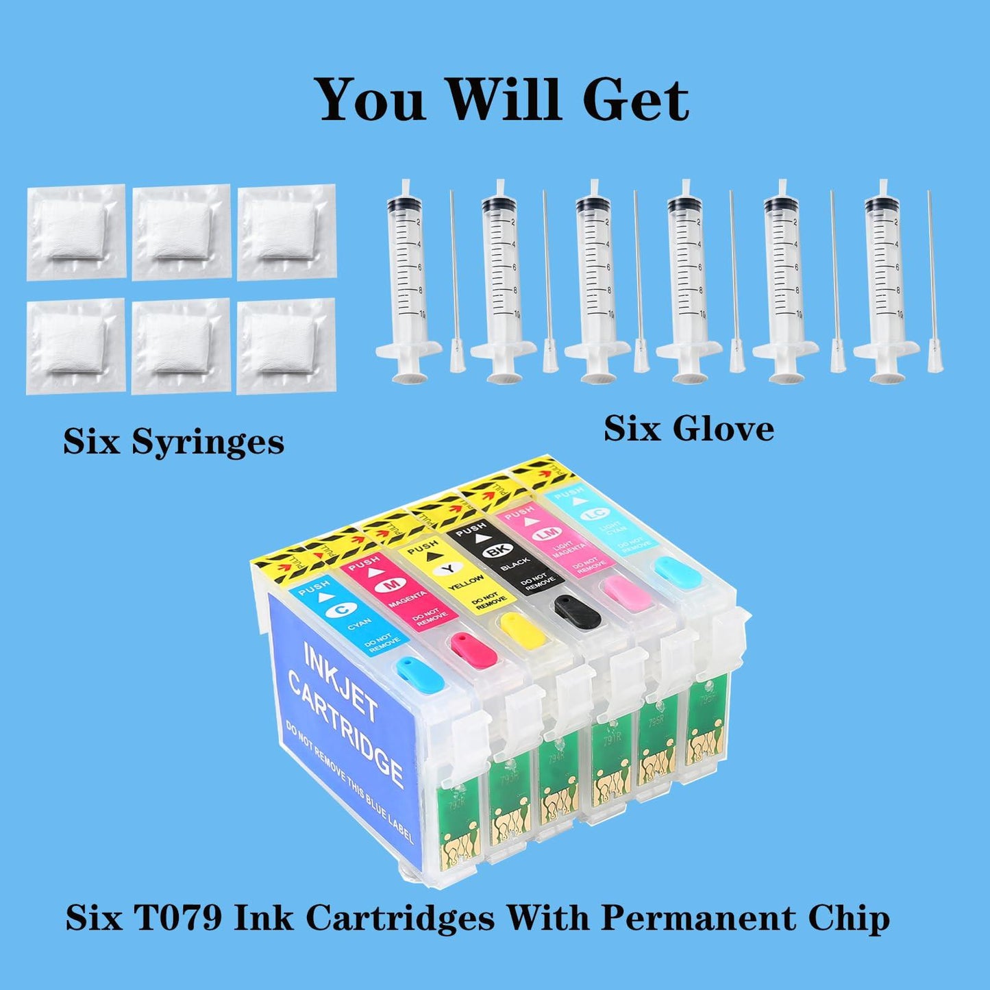 T079 Empty Refillable Ink Cartridges Replacement With Permanent Chip Suitable 79 T079 (T079120, T079220 T079320 T079420 T079520 T079620) to use with Artisan 1430 and Stylus Photo 1400 Printer.