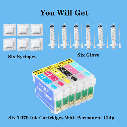 T079 Empty Refillable Ink Cartridges Replacement With Permanent Chip Suitable 79 T079 (T079120, T079220 T079320 T079420 T079520 T079620) to use with Artisan 1430 and Stylus Photo 1400 Printer.