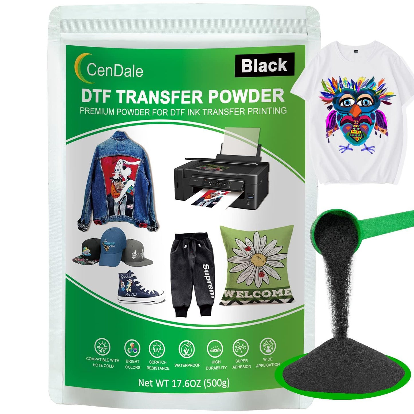 CenDale DTF Powder Kit, Includes Fine Medium, White Black Digital DTF Transfer Powder for Sublimation, Compatible with DTF and DTG Printers, DTF PreTreat Powder for All Fabric Jeans Cotton T-Shirt.