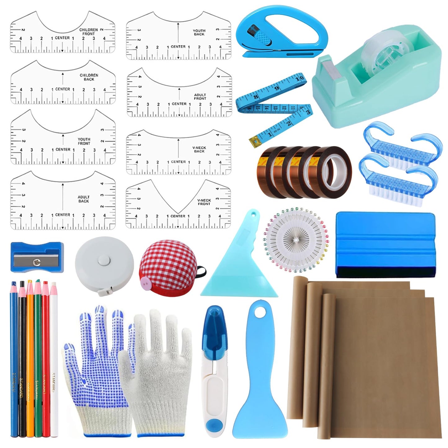 XEUZK Sublimation Shirts Tool Kits with 8 T Shirt rulers, 3Pack Teflon Sheet for Heat Press 12 x 16in, Heat Resistant Gloves with Silicone Bumps, 2 Rolls Heat Resistant Tape, 2Pcs Sublimation Pencil.