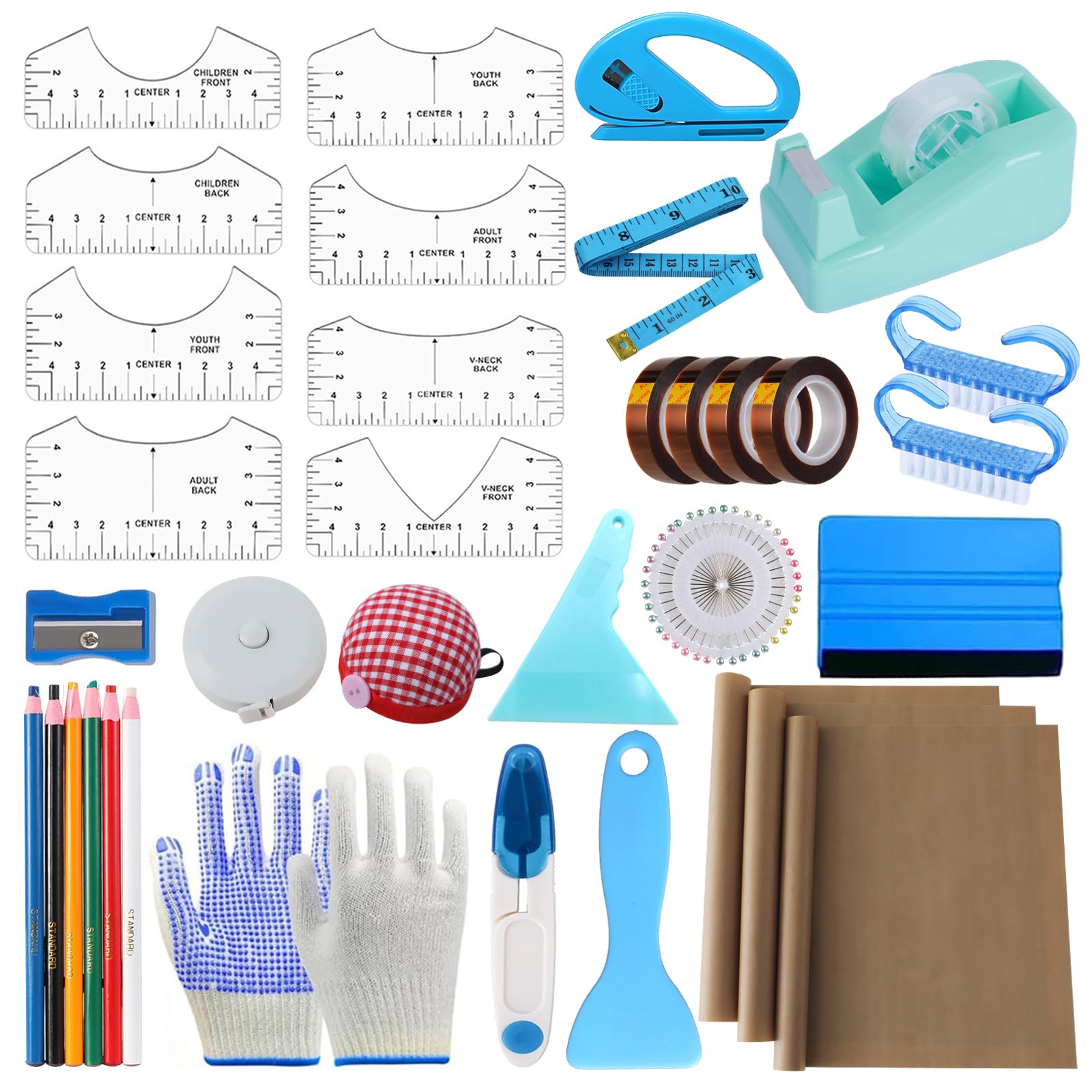 XEUZK Sublimation Shirts Tool Kits with 8 T Shirt rulers, 3Pack Teflon Sheet for Heat Press 12 x 16in, Heat Resistant Gloves with Silicone Bumps, 2 Rolls Heat Resistant Tape, 2Pcs Sublimation Pencil.