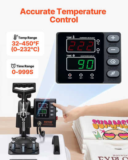VEVOR Heat Press Machine, 15 x 15 in, 2-in-1 Multifunction, 360° Swing Away, 1200W Double Tube Fast and Even Heating, Digital Precise Control, Sublimation Press Machine for T-Shirts, Hats, Caps.
