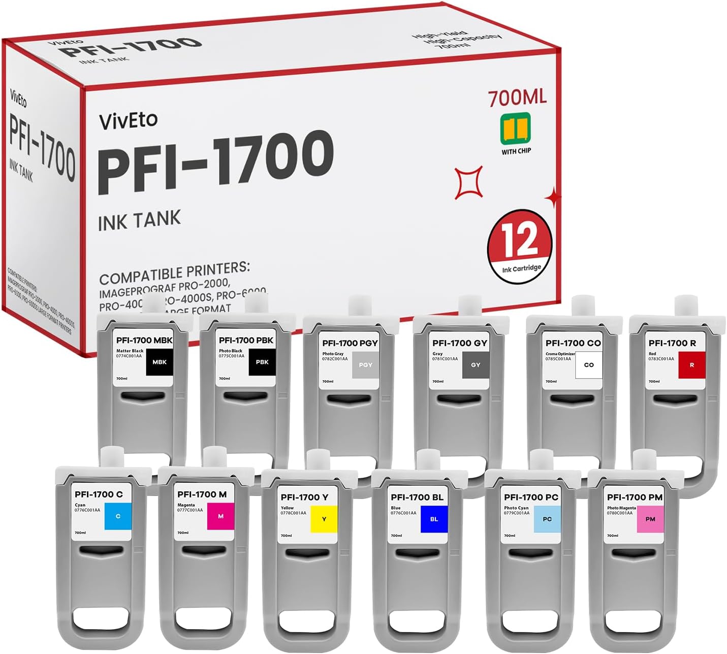 PFI-1700 Pigment Ink Tank 700ml with New Chip Replacement for Canon PFI-1700 Ink for imagePROGRAF PRO 2000 4000 4000S 6000 6000S Large-Format Printer, 12-Pack (MBK/PBK/C/M/Y/R/GY/B/PGY/PC/PM/CO).