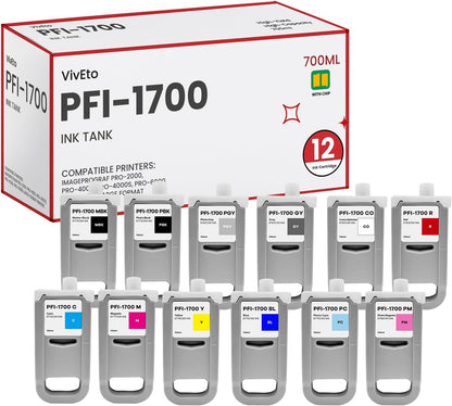 PFI-1700 Pigment Ink Tank 700ml with New Chip Replacement for Canon PFI-1700 Ink for imagePROGRAF PRO 2000 4000 4000S 6000 6000S Large-Format Printer, 12-Pack (MBK/PBK/C/M/Y/R/GY/B/PGY/PC/PM/CO).