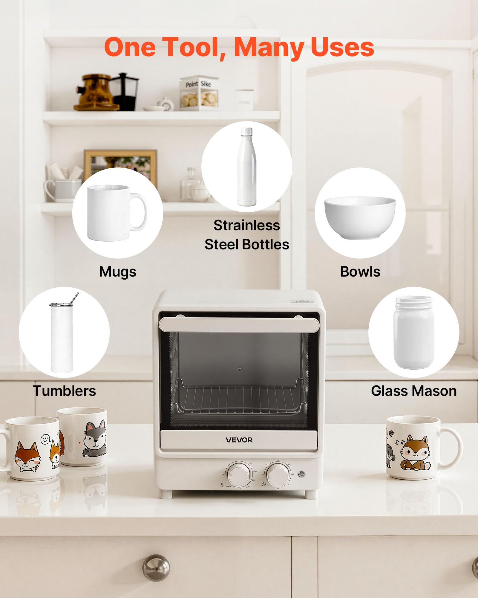 VEVOR Sublimation Oven Machine, 26 Qt, Fits 40oz Tumblers, with 1 Heat Air Gun, 50 Shrink Films, 1 Tape and 2 Heat Gloves, 360° Turbo Convection for Sublimation Blank Tumblers, Mugs, Bowls, Off-White.