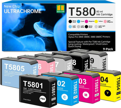 T580 Ink Cartridge with New Chip Remanufactured for T5801 T5802 T5803 T5804 T5805 T5806 T5807 T5808 T5809 Ink for Stylus Pro 3800 3880 3800C Inkjet Printers, 9-Pack T580 UltraChrome Ink Cartridge