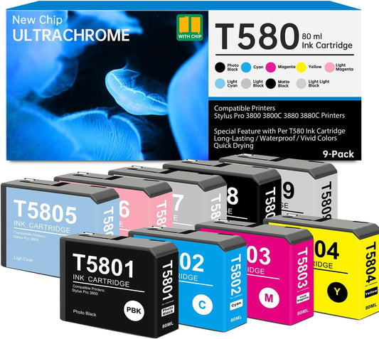 T580 Ink Cartridge with New Chip Remanufactured for T5801 T5802 T5803 T5804 T5805 T5806 T5807 T5808 T5809 Ink for Stylus Pro 3800 3880 3800C Inkjet Printers, 9-Pack T580 UltraChrome Ink Cartridge