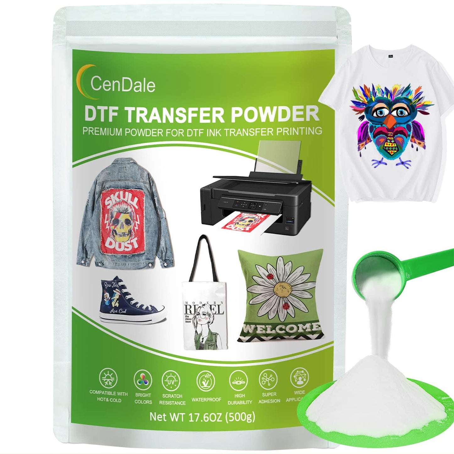 CenDale DTF Powder Kit, Includes Fine Medium, White Black Digital DTF Transfer Powder for Sublimation, Compatible with DTF and DTG Printers, DTF PreTreat Powder for All Fabric Jeans Cotton T-Shirt.