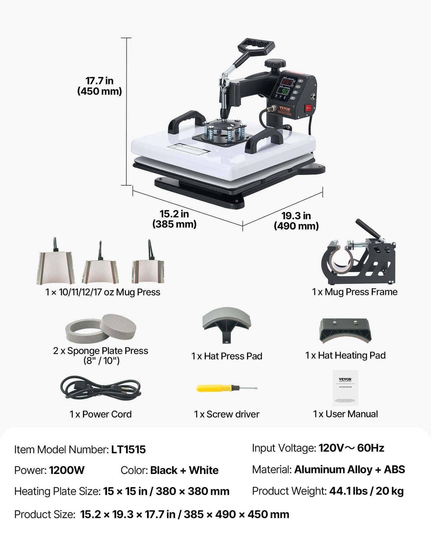 VEVOR Heat Press Machine, 15 x 15 in, 2-in-1 Multifunction, 360° Swing Away, 1200W Double Tube Fast and Even Heating, Digital Precise Control, Sublimation Press Machine for T-Shirts, Hats, Caps.