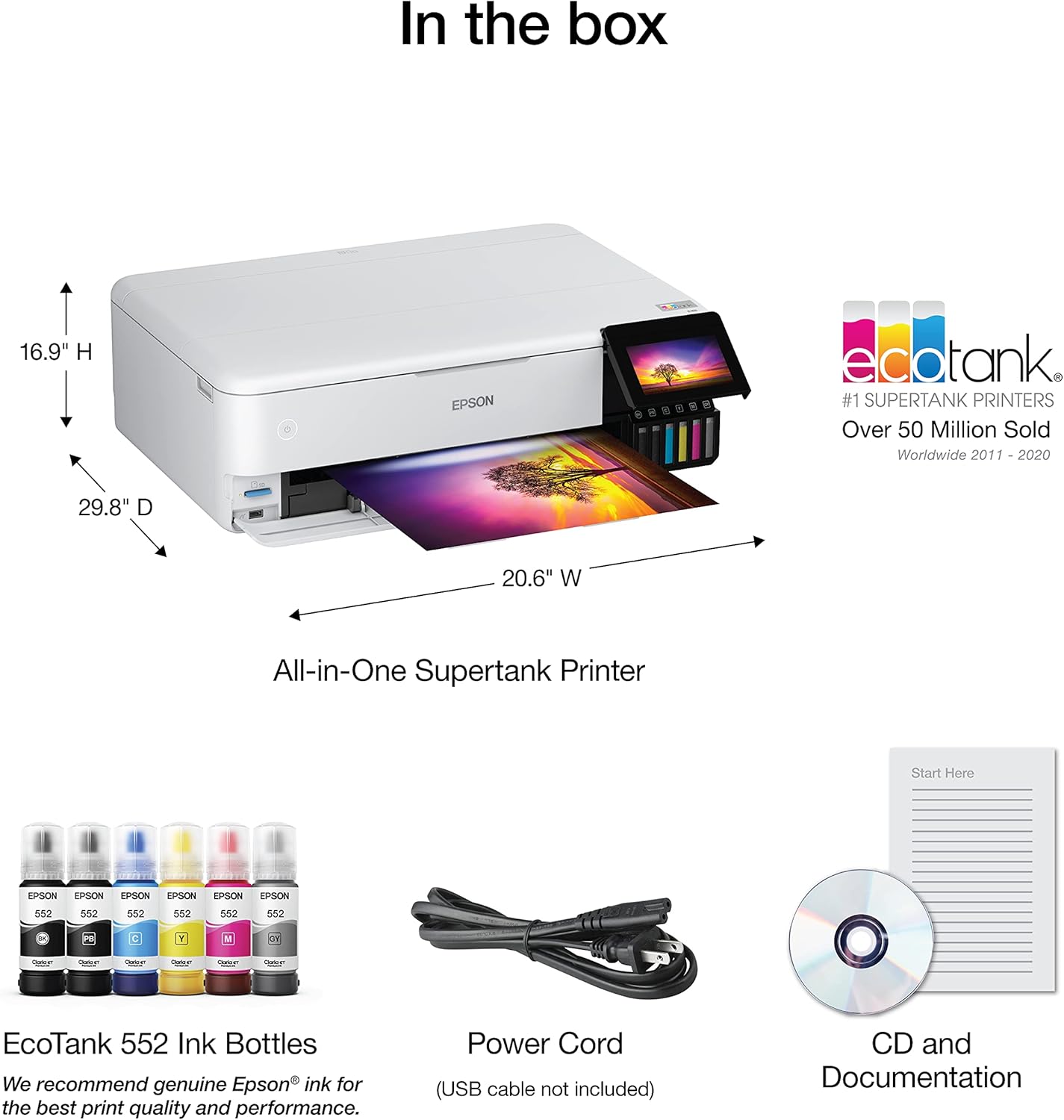 Epson EcoTank Photo ET-8550 Wireless Wide-format Color All-in-One Supertank Printer with Scanner Copier, Ethernet and 4.3-inch Colorfull Touchscreen.