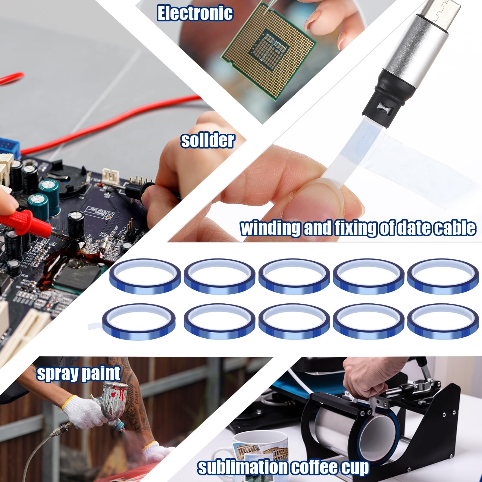 Heat Tape for Sublimation, 10 Rolls Sublimation Heat Resistant Tape, 10mm × 30m (98ft) Heat Transfer Tape Sublimation Heat Tape for Press Electronic Soldering Insulation, No Residue.