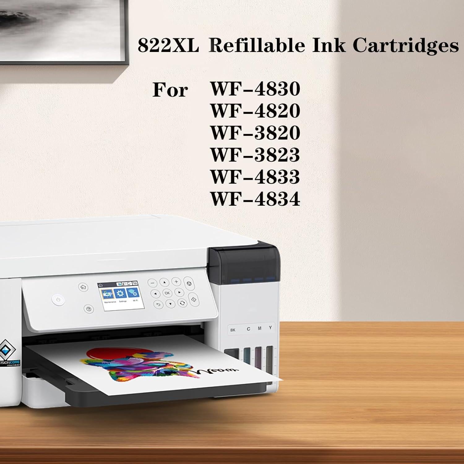 KHY T822XL Sublimation Ink Cartridges with Chip WF-3820 Empty Refillable Ink Cartridges 822XL with for Workforce Pro WF-3820 WF-4820 Wf-4830 Wf-4833 Wf-4834 Empty Refillable Ink Cartridge.