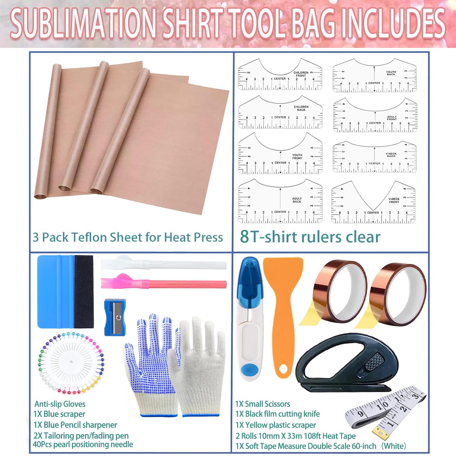 XEUZK Sublimation Shirts Tool Kits with 8 T Shirt rulers, 3Pack Teflon Sheet for Heat Press 12 x 16in, Heat Resistant Gloves with Silicone Bumps, 2 Rolls Heat Resistant Tape, 2Pcs Sublimation Pencil.