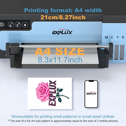 EXPLUX A4 DTF Printer with XP600 Anti-Clogging Printhead, 200% High-Speed Printing, Built-in White Stirring System for DIY T-Shirts & All Textiles, 2-Year Ink Included (A4, Printer+Oven).