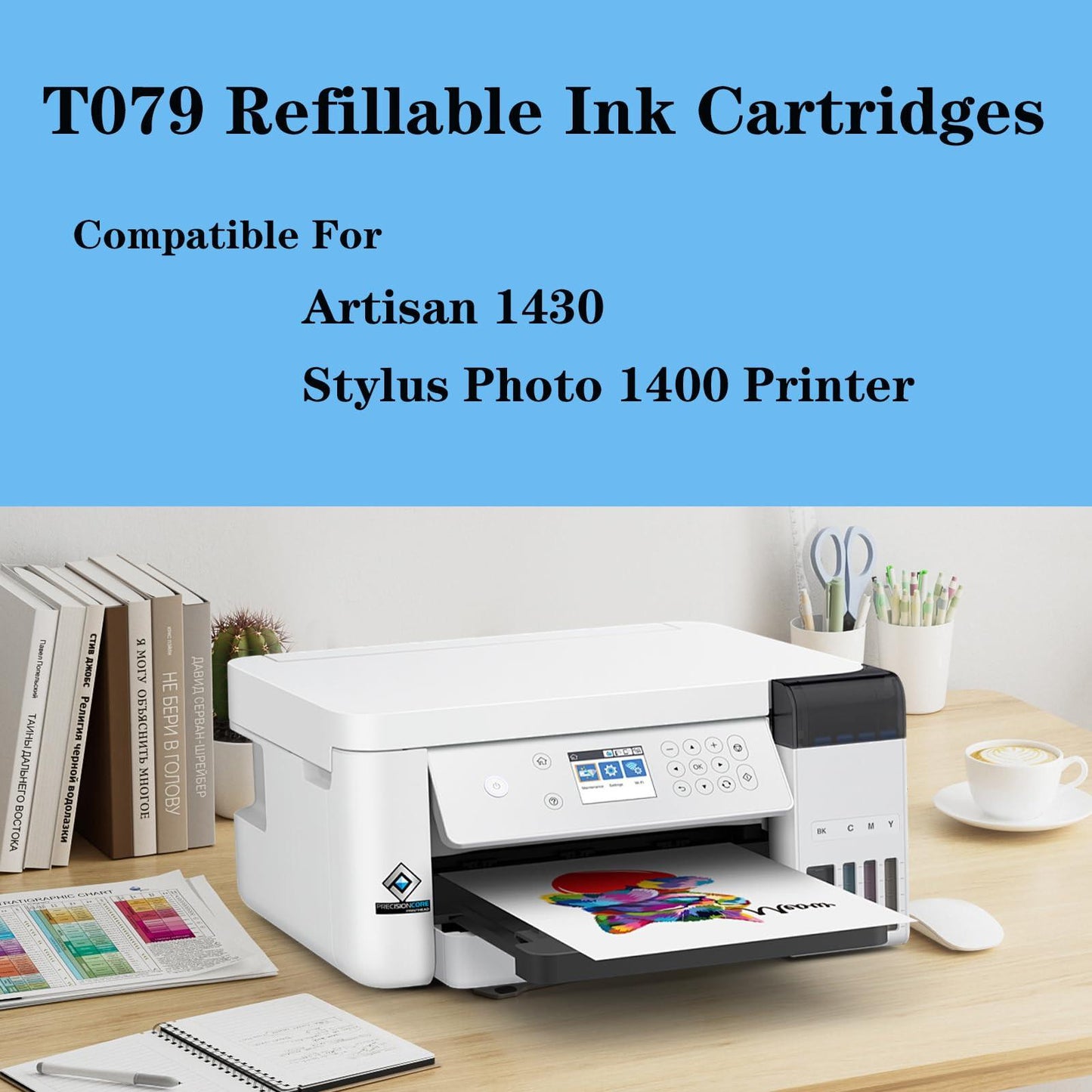 T079 Empty Refillable Ink Cartridges Replacement With Permanent Chip Suitable 79 T079 (T079120, T079220 T079320 T079420 T079520 T079620) to use with Artisan 1430 and Stylus Photo 1400 Printer.