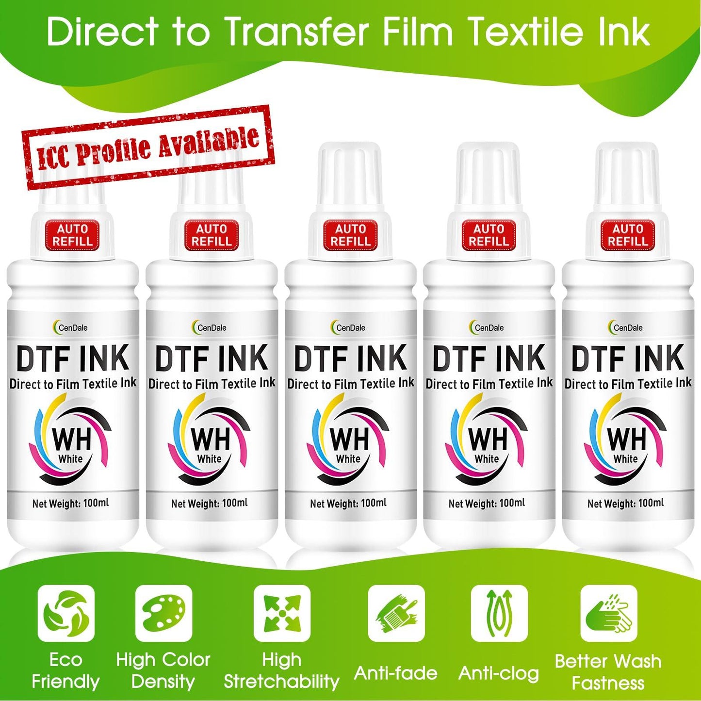 CenDale Upgraded Auto-Fill DTF Ink - 700ML DTF Transfer Ink for Epson ET-8550 ET-8500 Printers, Heat Transfer Printing Set 100ml x 4 CMYK, 150 x 2 White (Anti-UV/ICC-Free).
