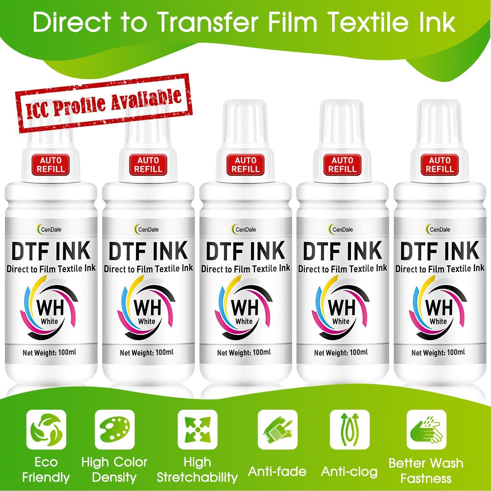 CenDale Upgraded Auto-Fill DTF Ink - 700ML DTF Transfer Ink for Epson ET-8550 ET-8500 Printers, Heat Transfer Printing Set 100ml x 4 CMYK, 150 x 2 White (Anti-UV/ICC-Free).