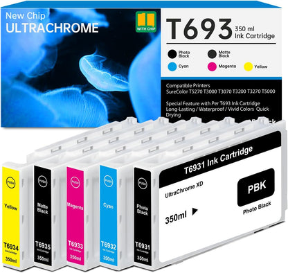 T693 Ink Cartridge 350ml with New Chip T6931 T6932 T6933 T6934 T6935 Remanufactured for T693 SureColor T5270 T3000 T3070 T3200 T3270 T5000 T5070 T5200 Printer, 5-Pack T5270 Ink Kit