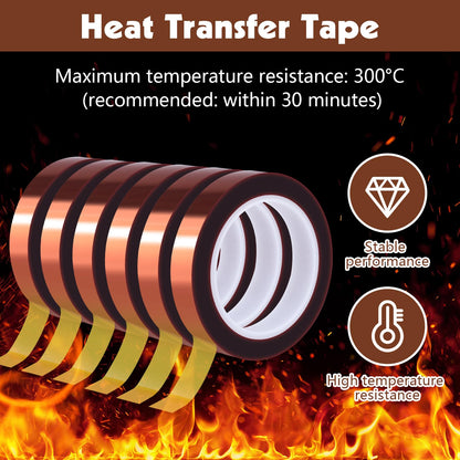 6 Rolls Heat Resistant Tape, 10mm x 49Ft (15m) High Temperature Resistant Transfer Tape for Heat Press Sublimation Welding Electronic Equipment Printing, No Residue.