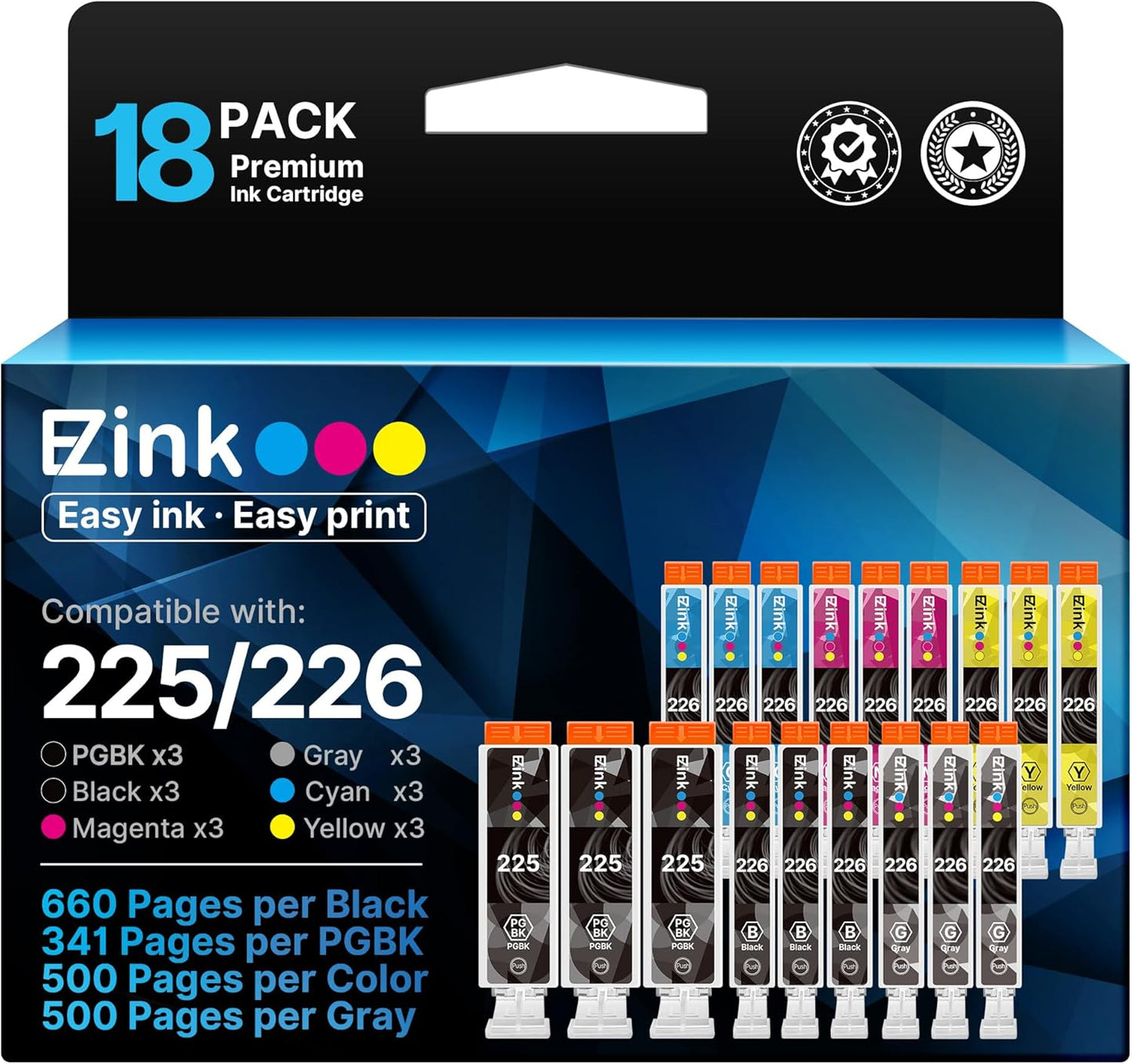 E-Z Ink Compatible Ink Cartridge Replacement for Canon PGI-225 CLI-226 to use with MG6220 MG6120 MG8220 MG8120 MG8120B (3 Gray, 3 Large Black, 3 Small Black, 3 Cyan, 3 Magenta, 3 Yellow) 18 Pack.