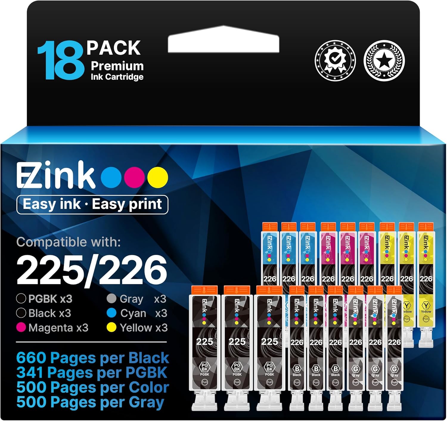 E-Z Ink Compatible Ink Cartridge Replacement for Canon PGI-225 CLI-226 to use with MG6220 MG6120 MG8220 MG8120 MG8120B (3 Gray, 3 Large Black, 3 Small Black, 3 Cyan, 3 Magenta, 3 Yellow) 18 Pack.