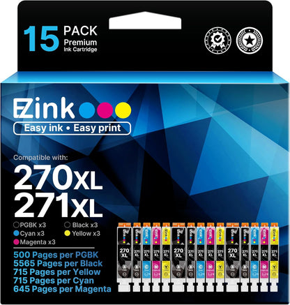 E-Z Ink 270 271 XL Ink Compatible for Canon 270 271 PGI-270XL CLI-271XL Ink Cartridges to use with Canon Pixma TS6020 TS9020 MG7720 MG6821 MG5720 MG5721 MG5722 MG6820 MG6822 TS5020 TS8020,15 Pack.
