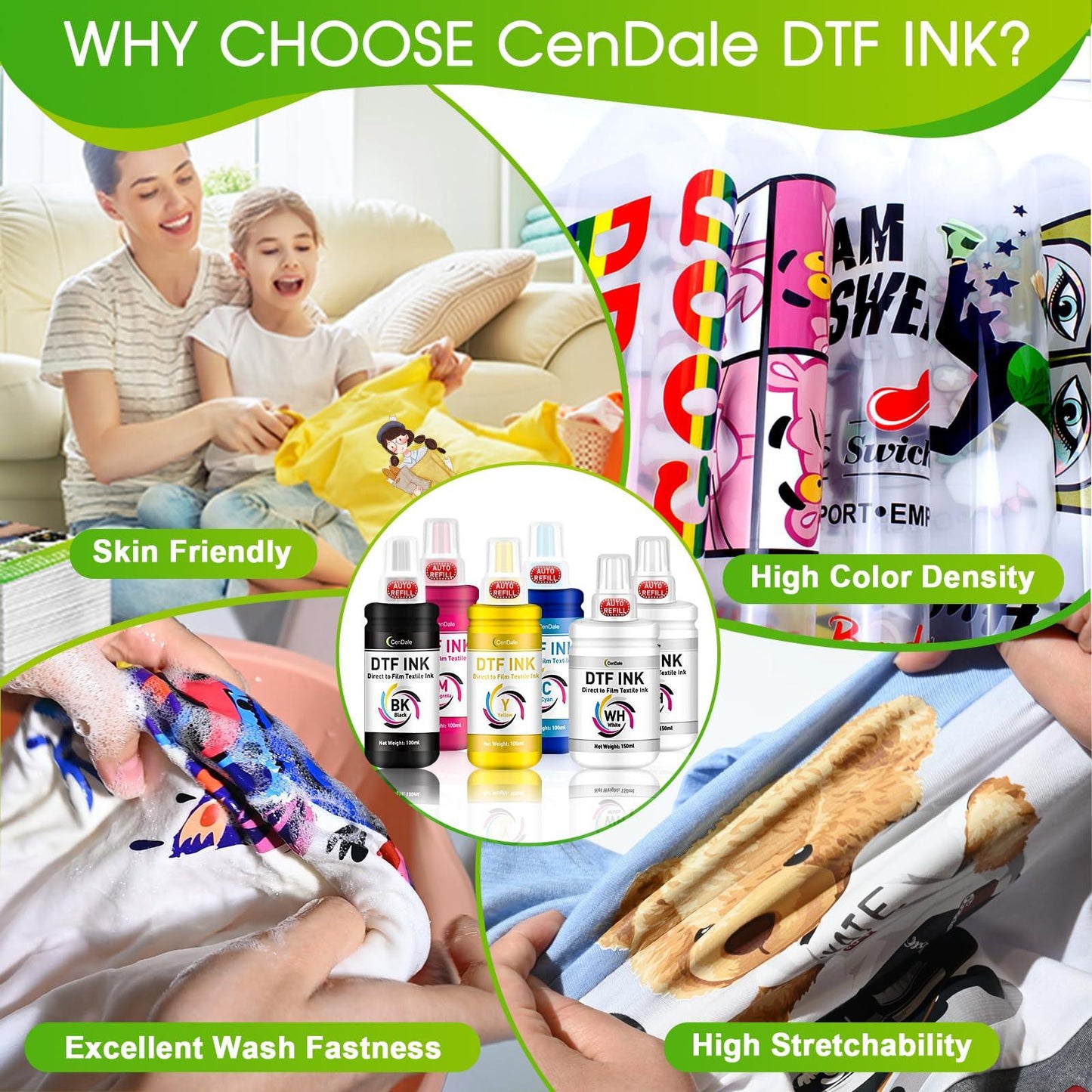CenDale Upgraded Auto-Fill DTF Ink - 700ML DTF Transfer Ink for Epson ET-8550 ET-8500 Printers, Heat Transfer Printing Set 100ml x 4 CMYK, 150 x 2 White (Anti-UV/ICC-Free).