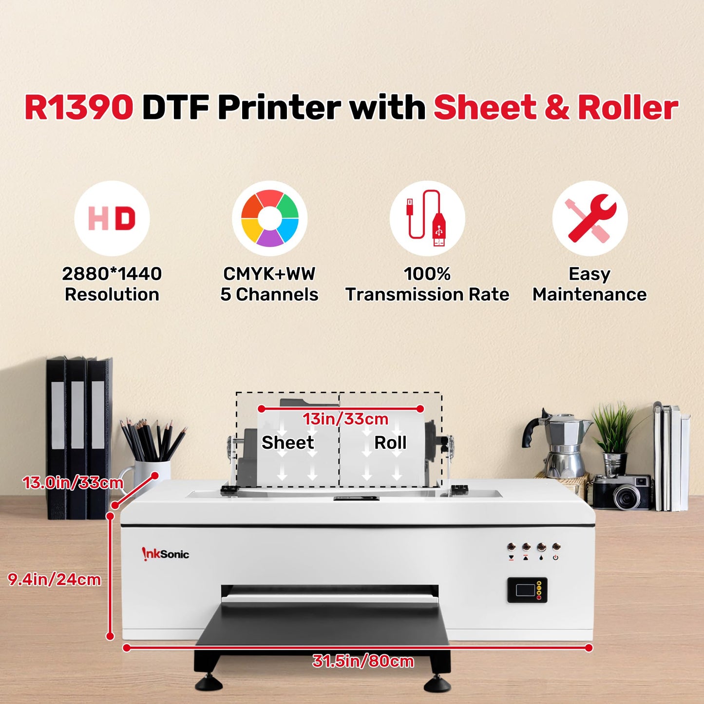 InkSonic R1390 DTF Printer Machine, A3 T-Shirt Printing Machine with Oven, 13" Format DTF Printer Bundles, T-Shirt Maker for Clothes Design,Direct to Film Heat Transfer, White Ink Circulation,1390.