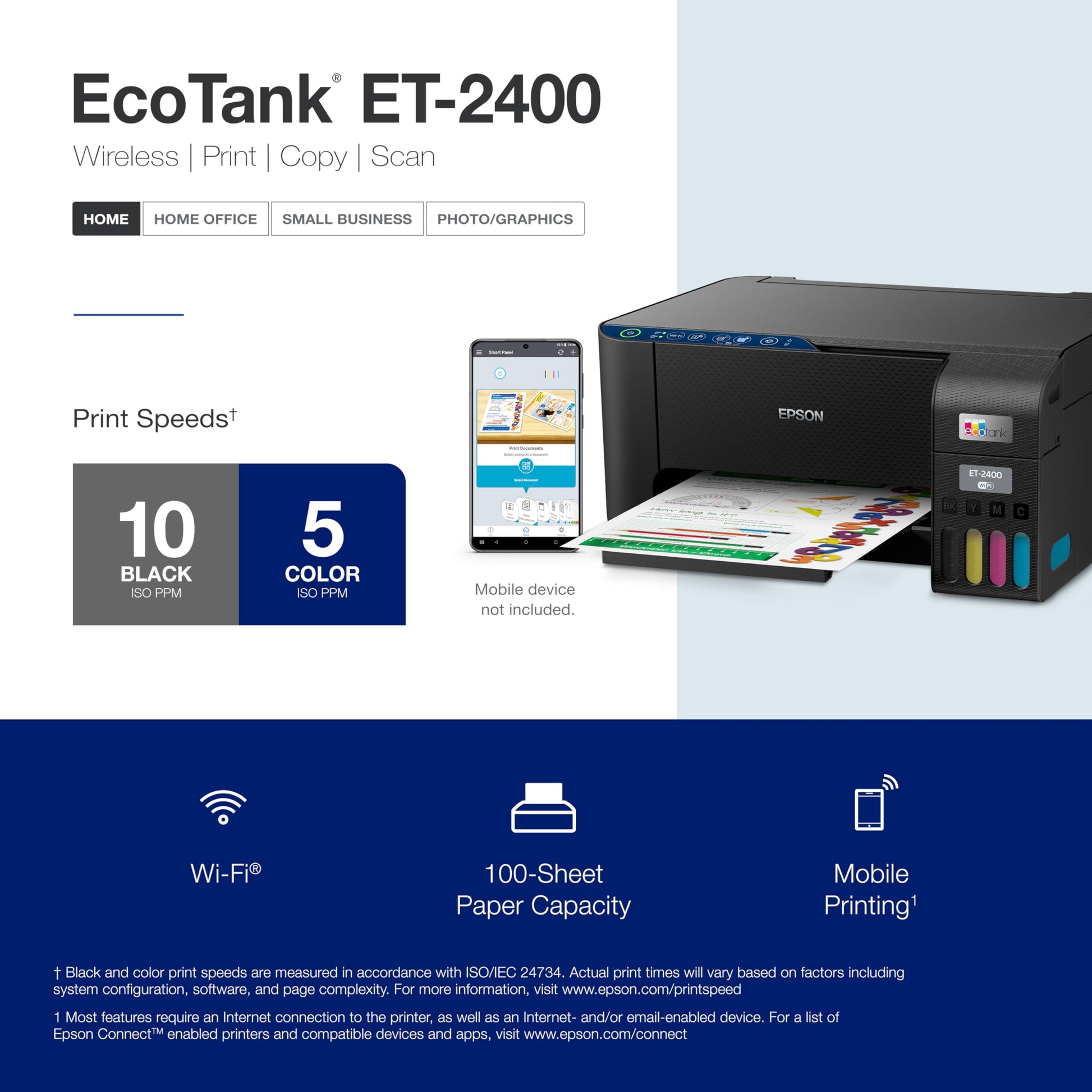 Epson EcoTank ET-2400 Wireless Color All-in-One Cartridge-Free Supertank Printer with Scan and Copy – Easy, Everyday Home Printing, Black.