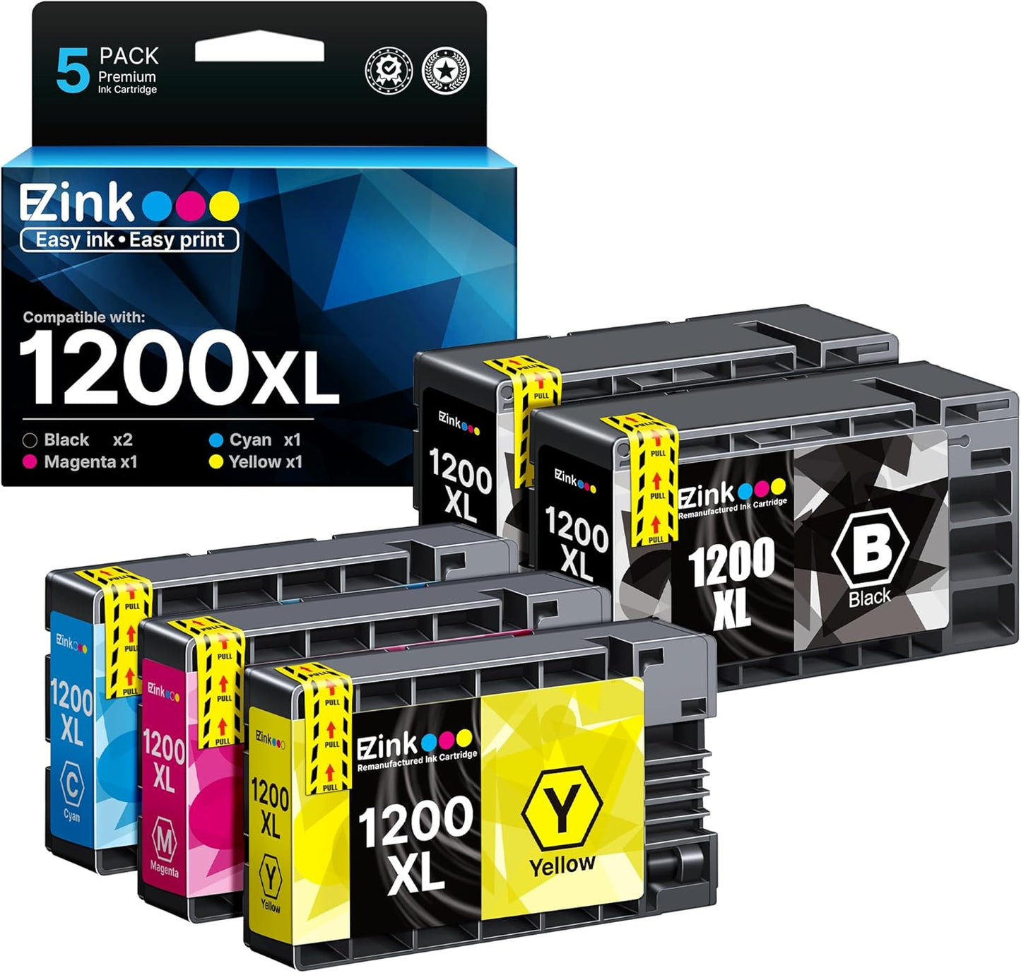 E-Z Ink Compatible Ink Cartridge Replacement for Canon PGI-1200 XL PGI-1200XL PGI1200XL to use with MAXIFY MB2020 MB2320 MB2120 MB2720 MB2350 MB2050 (2 Black, 1 Cyan, 1 Magenta, 1 Yellow, 5 Pack).