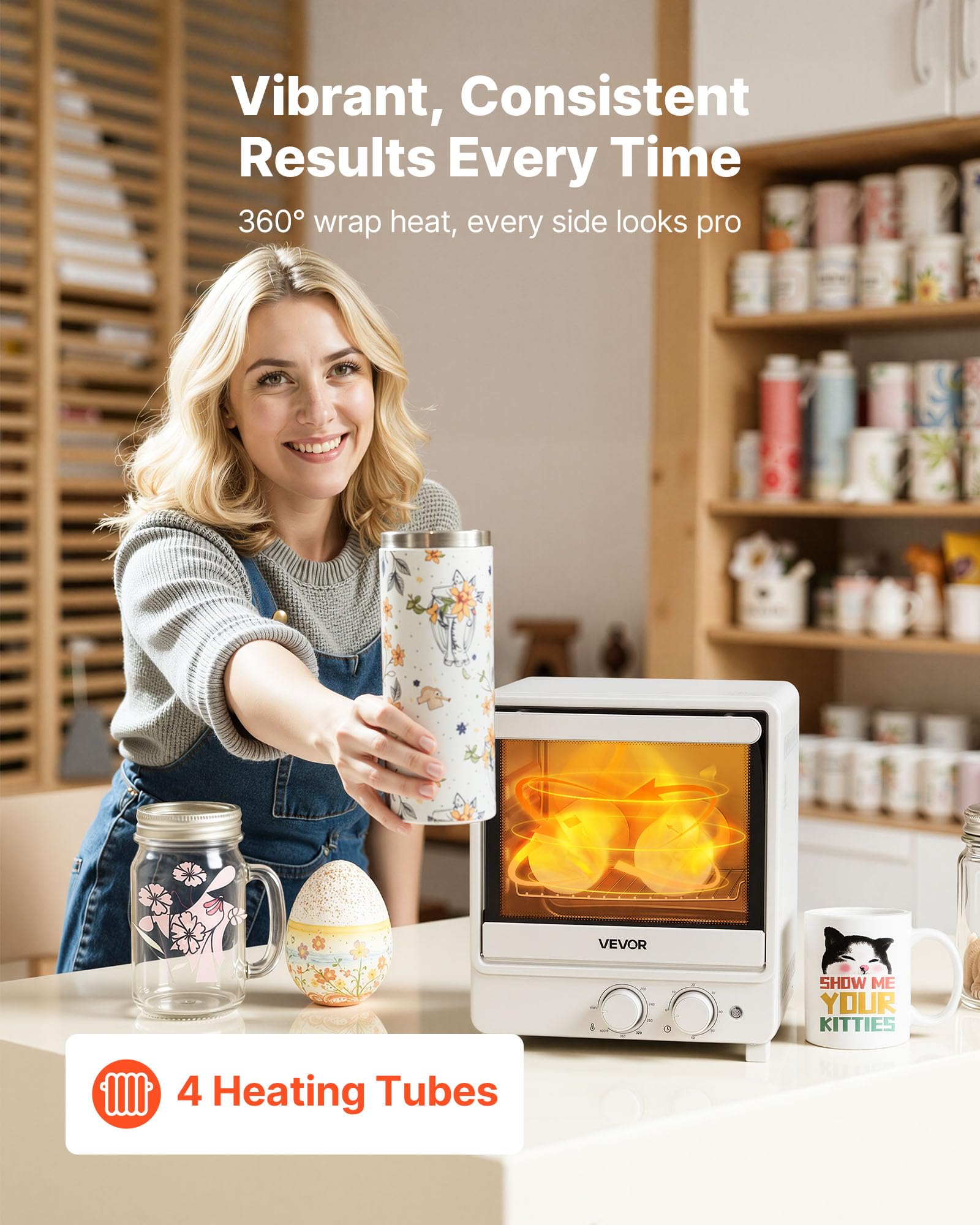 VEVOR Sublimation Oven Machine, 26 Qt, Fits 40oz Tumblers, with 1 Heat Air Gun, 50 Shrink Films, 1 Tape and 2 Heat Gloves, 360° Turbo Convection for Sublimation Blank Tumblers, Mugs, Bowls, Off-White.